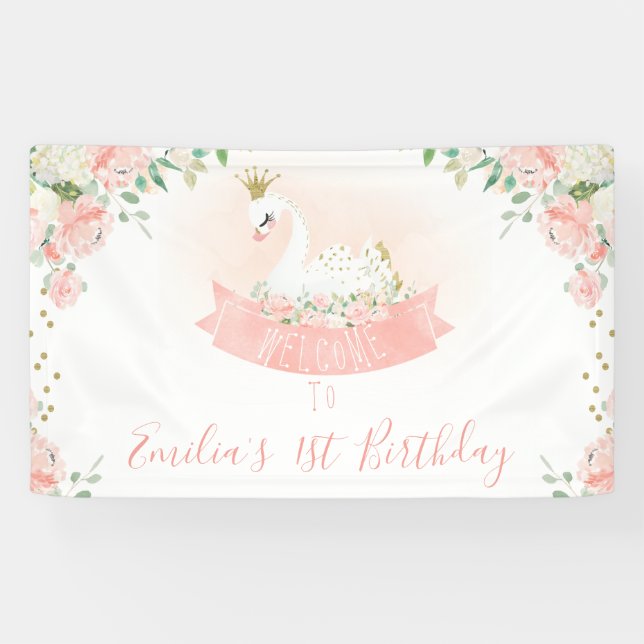 Banderoles Rose Gold Swan Princesse Bienvenue Anniversaire Ba (Horizontal)