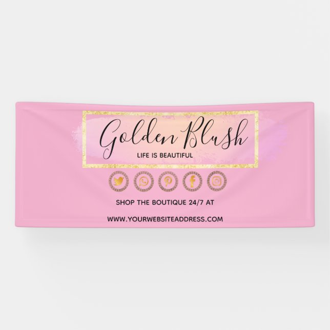Banderoles Rose Pâle Aquarelle & Géométrique Moderne Doré Élé (Horizontal)