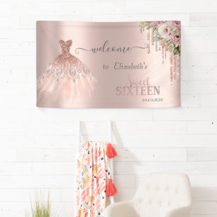 Banderoles Rose Parties scintillant or, Fleurs de robe doux 1