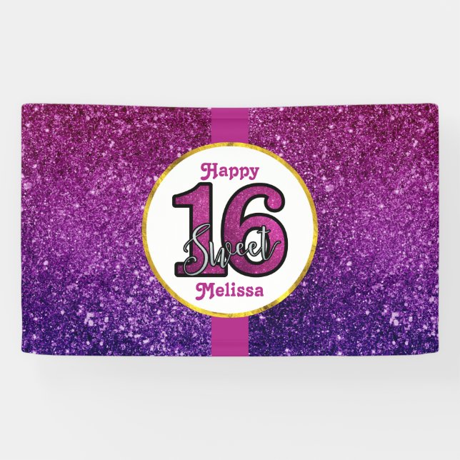 Banderoles Rose & Purple Sweet 16 Parties scintillant étincel (Horizontal)