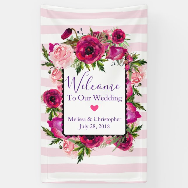 Banderoles Rose rose et Mariage de fleurs de pavot Bienvenue (Vertical)