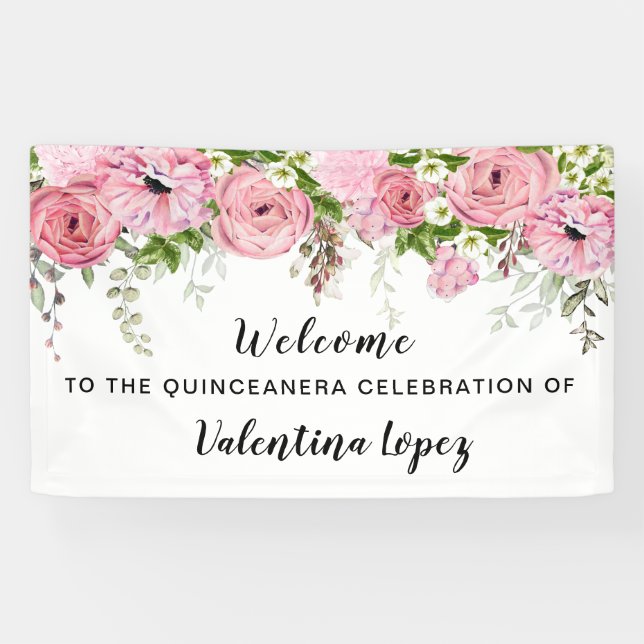 Banderoles Rose Rose Floral Première communion Bienvenue (Horizontal)