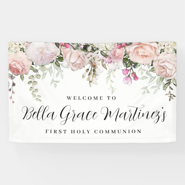 Banderoles Rose rose pâle rose Floral Première communion Bien (Horizontal)