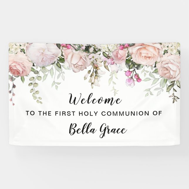 Banderoles Rose rose pâle rose Floral Première communion Bien (Horizontal)