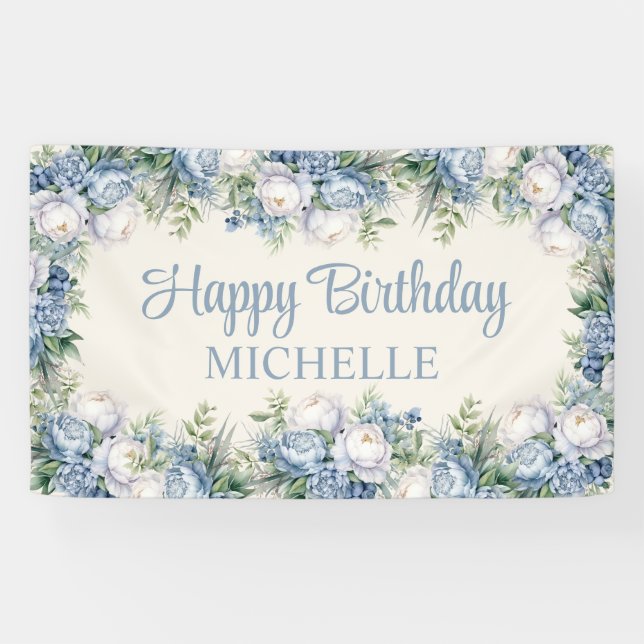 Banderoles Roses Bleues Dusty Blancs Joyeux Script d'annivers (Horizontal)