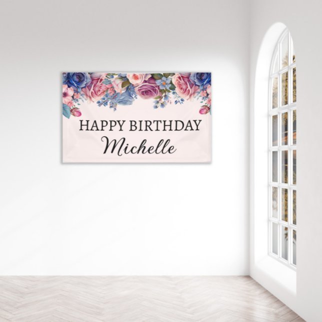 Banderoles Roses Rose Bleu Floral Botanical Joyeux Anniversai (Créateur téléchargé)