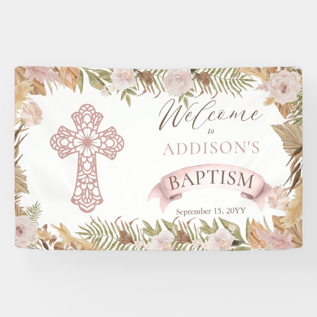 Banderoles Roses rose |Herbes séchées Floral Girl Baptism (Horizontal)