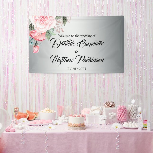 Banderoles Roses roses romantiques sur Mariage d'argent Bienv (Fête)