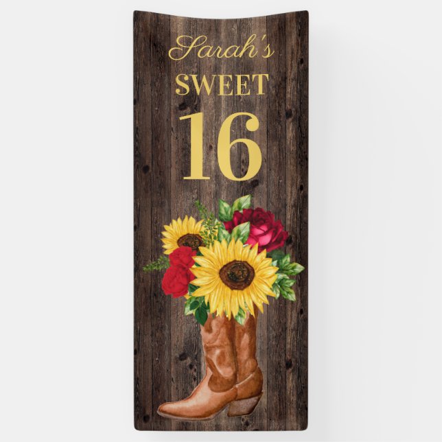 Banderoles Roses Rouges Tournesols Cowboy Bottes Sweet 16 Ban (Vertical)