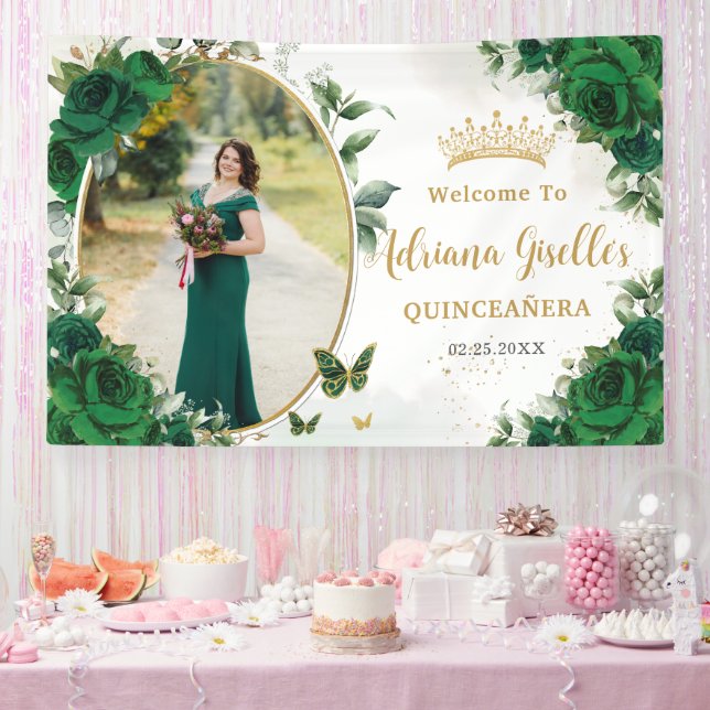 Banderoles Roses Vert Émeraude Fleurs Quinceañera Photo (Fête)