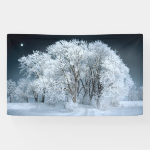 Banderoles Route neigeuse à travers les arbres gelés