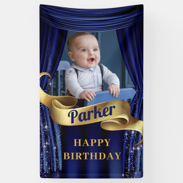 Banderoles Royal Blue Gold Prince Photo Joyeux anniversaire (Vertical)