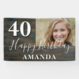 Banderoles Rustic Wood Photo 40th Birthday Party Banner