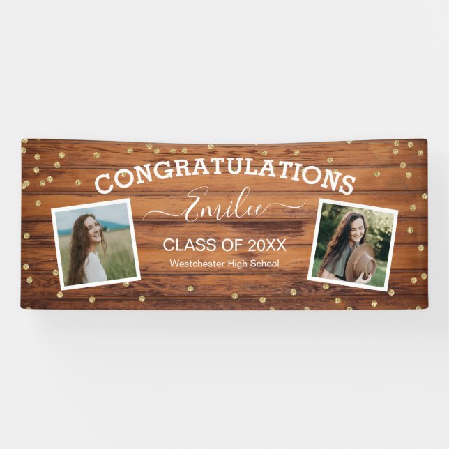 Banderoles Rustic Wood Two Photo Félicitations Graduation (Horizontal)