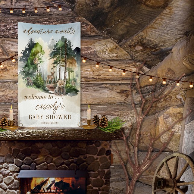 Banderoles Rustic Woodland Adventure Attend Boy Baby shower ("adventure awaits" with this rustic woodland bear and forest animals boy baby shower design.)