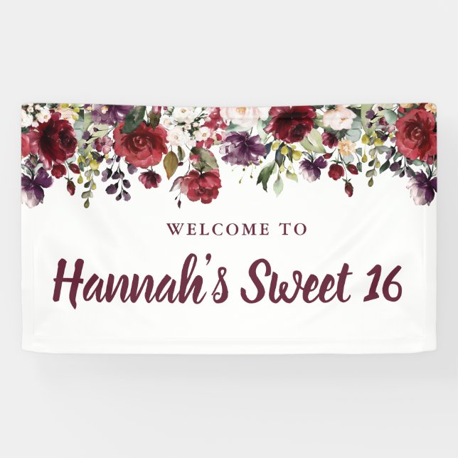 Banderoles Rustique Bourgogne Rouge Floral Sweet 16 Party (Horizontal)