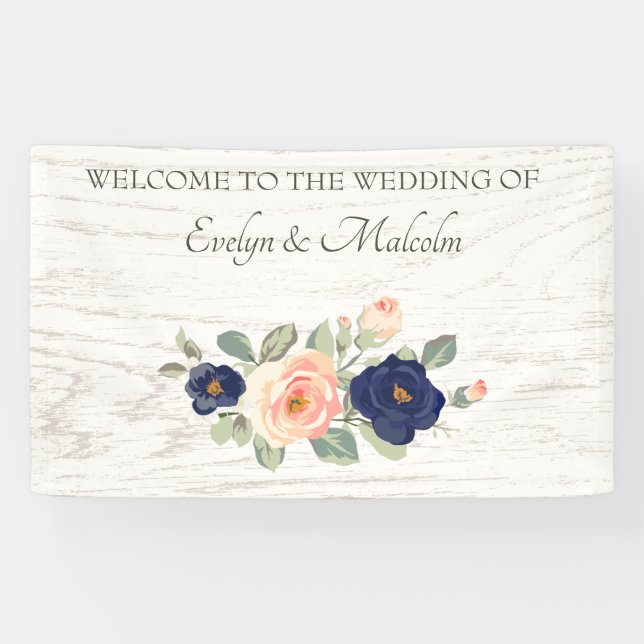 Banderoles Rustique Pays Marine Bleu et Pêcher Floral Mariage (Horizontal)