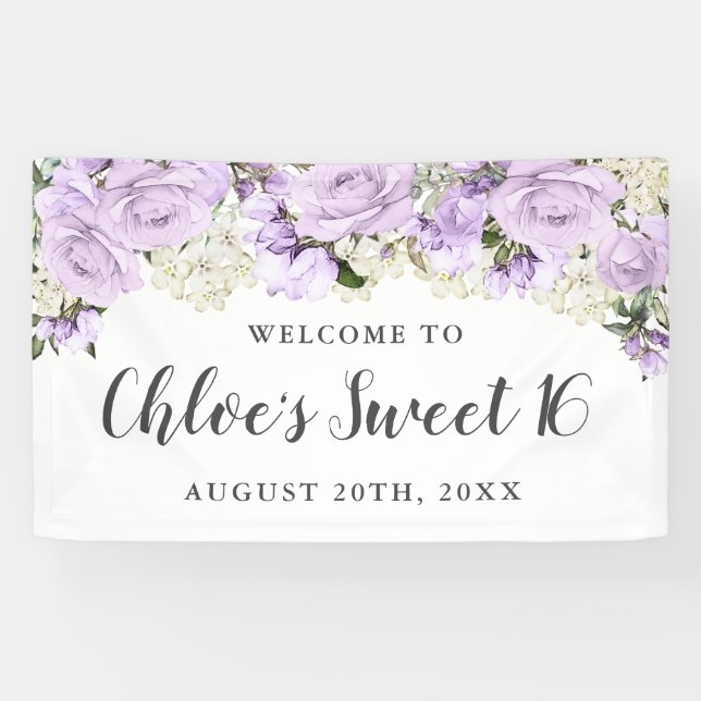 Banderoles Rustique Purple et blanc Floral Sweet 16 Party (Horizontal)