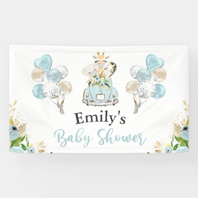 Banderoles Safari Floral Bleu Animaux Conduits Par Baby showe (Horizontal)
