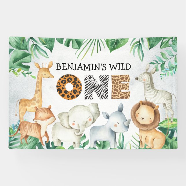Banderoles Safari Wild Un Anniversaire Lion Elephant Giraffe  (Horizontal)