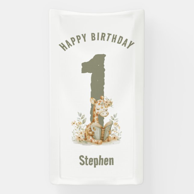 Banderoles Sage Green Giraffe Joyeux 1er anniversaire (Verticale)