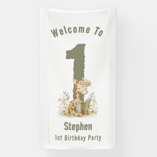 Banderoles Sage Green Giraffe Joyeux 1er anniversaire (Verticale)
