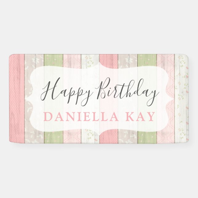 Banderoles Sage Rustique Vert rose Bois Floral Joyeux Anniver (Horizontal)