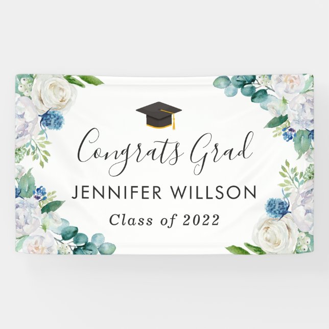 Banderoles Sage Vert Bleu Blanc Floral Parti de Graduation (Horizontal)