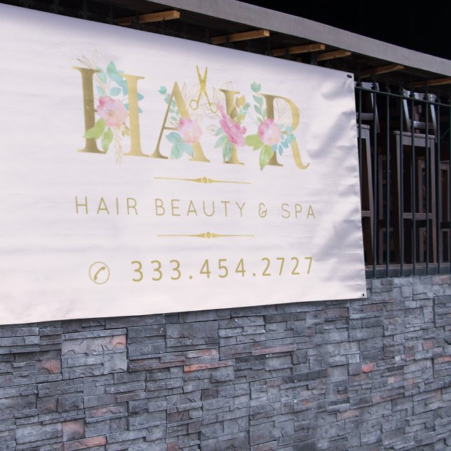 Banderoles Salon de cheveux or floral rose typographie luxe g (Créateur téléchargé)
