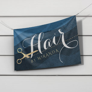 Banderoles Salon des cheveux Coiffeuse Ciseaux bleu et or mod