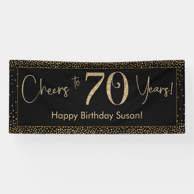 Banderoles Salutations à 70 Anniversaire Noir avec Gold Confe (Horizontal)