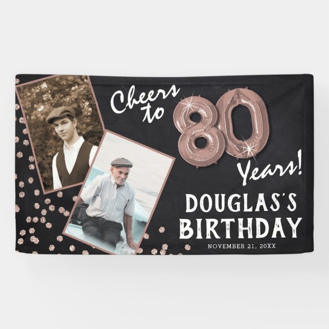 Banderoles Salutations à 80 ans Rose Gold 2 Photo Anniversair (Horizontal)