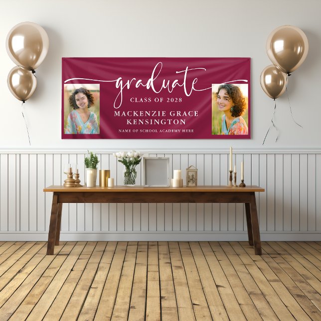 Banderoles Script moderne photo Bourgogne Diplôme (Modern Script Photo Burgundy Graduation Banner)