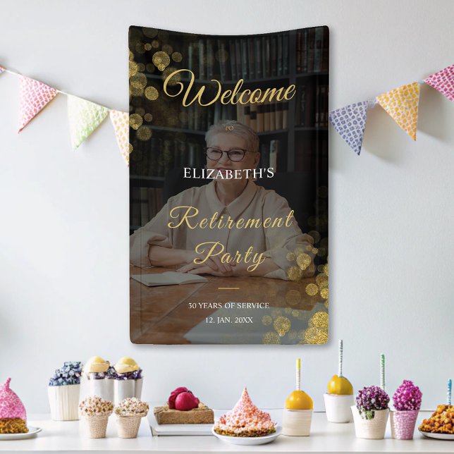 Banderoles Script photo pour fête de retraite Or (Photo Script Retirement Party Gold Confetti Banner)