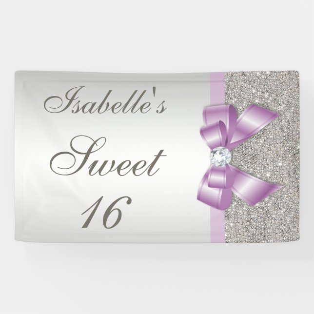 Banderoles Séquins d'argent Lilac Faux Bow Sweet 16 (Horizontal)