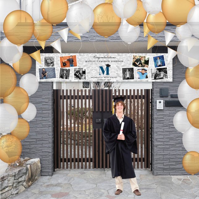 Banderoles Silver Foil Monogramme 10 Photo Graduation Party (Silver Faux Foil Name Monogram 10 Photo Chic Graduation Party Banner @ www.zazzle.com/color_therapy)