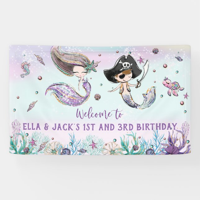 Banderoles Sirène et pirate sous la mer Anniversaire (Horizontal)