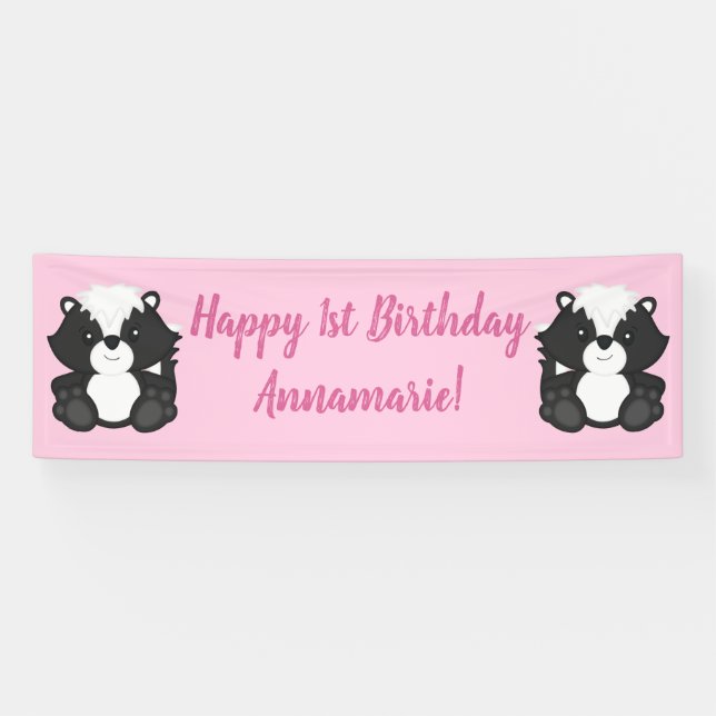 Banderoles Skunk Anniversaire fête rose (Horizontal)