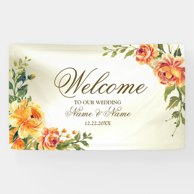 Banderoles Soirée de Mariage Orange Jaune Rouge Floral (Horizontal)
