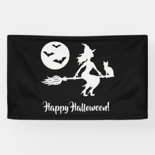Banderoles Sorcière Sur Un Broom Noir Et Blanc Joyeux Hallowe