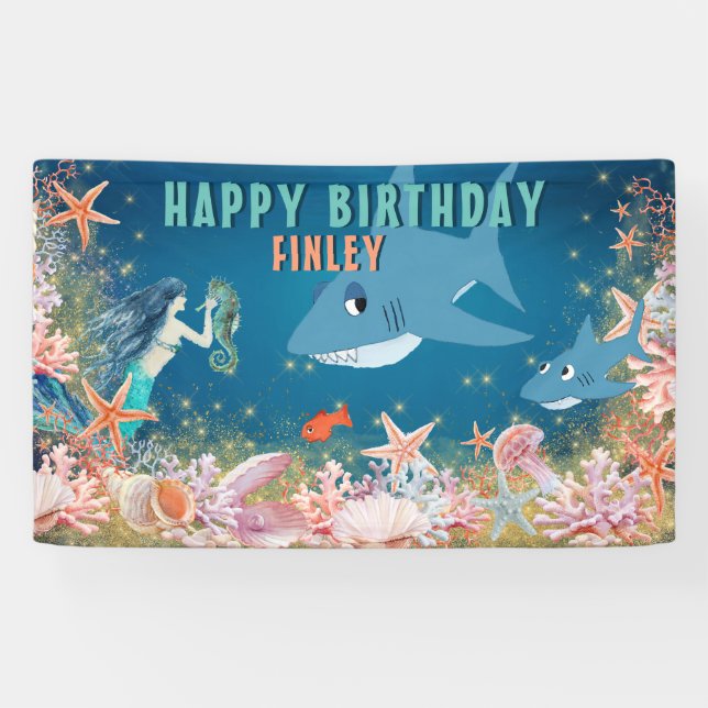 Banderoles Sous la mer Sirène de requin fête d'anniversaire (Horizontal)
