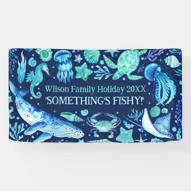 Banderoles Sous l'Océan marin Animaux Marine Aquarelle bleue (Horizontal)