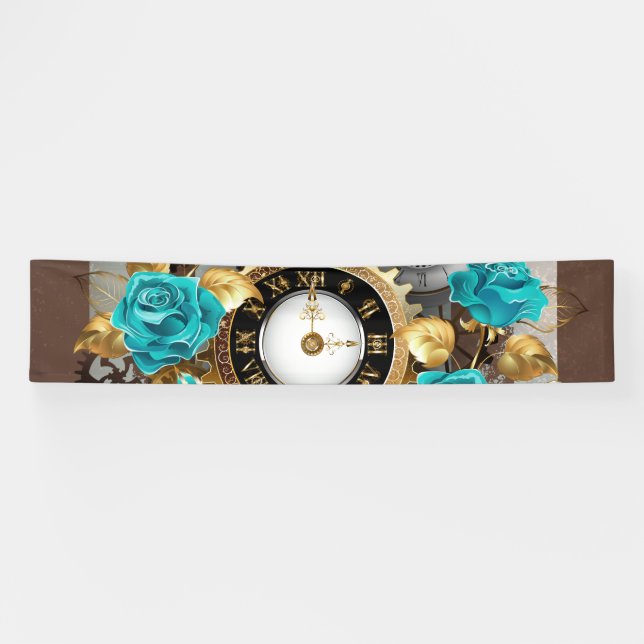 Banderoles Steampunk Clock and Turquoise Roses on Striped (Horizontal)