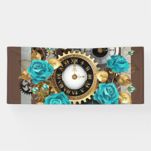 Banderoles Steampunk Clock and Turquoise Roses on Striped