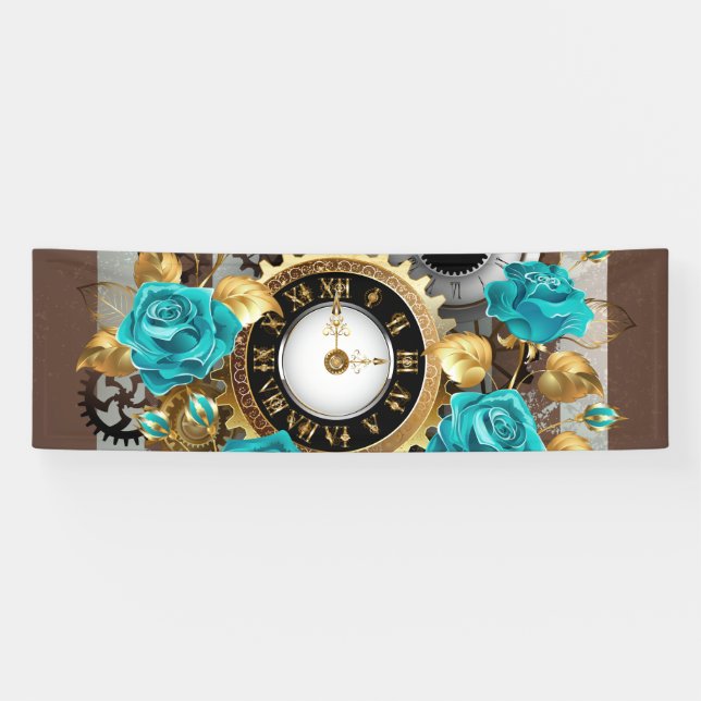 Banderoles Steampunk Clock and Turquoise Roses on Striped (Horizontal)