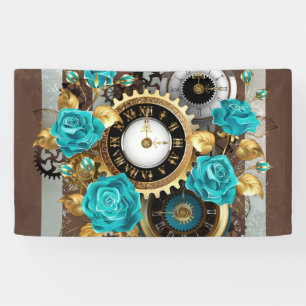 Banderoles Steampunk Clock and Turquoise Roses on Striped