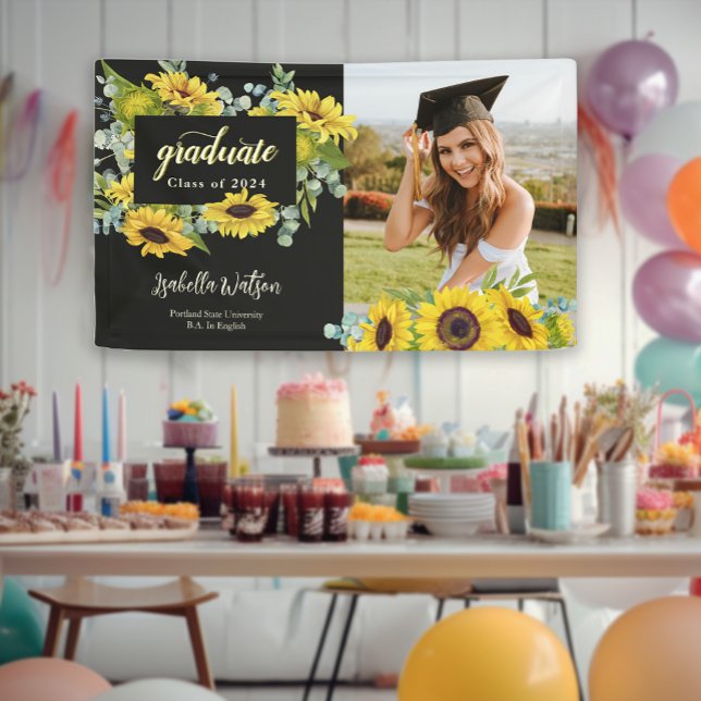 Banderoles Sunflower Photo Script Graduation Welcome Party (Sunflower Photo Script Graduation Welcome Party Banner)