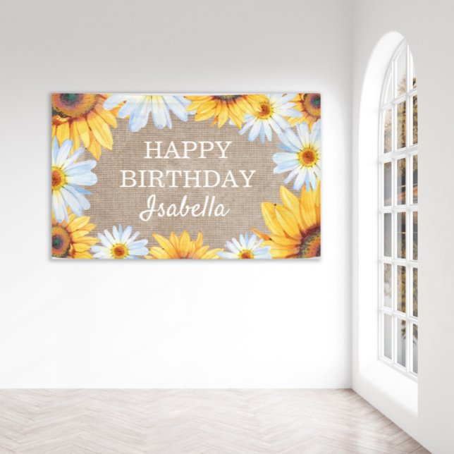 Banderoles Sunflowers White Daisy Burlap Joyeux Anniversaire  (Créateur téléchargé)