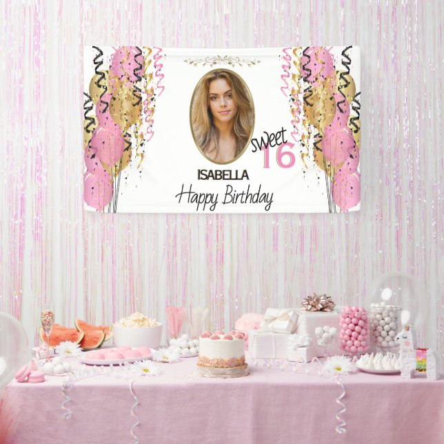 Banderoles Sweet 16 Anniversaire - Ballons roses (Fête)
