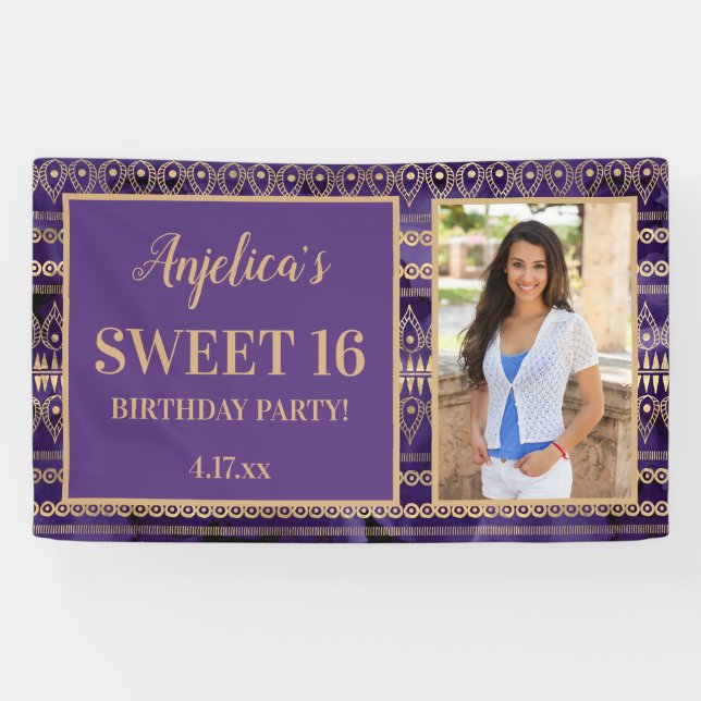 Banderoles Sweet 16 Anniversaire Purple Gold Boho Photo (Horizontal)